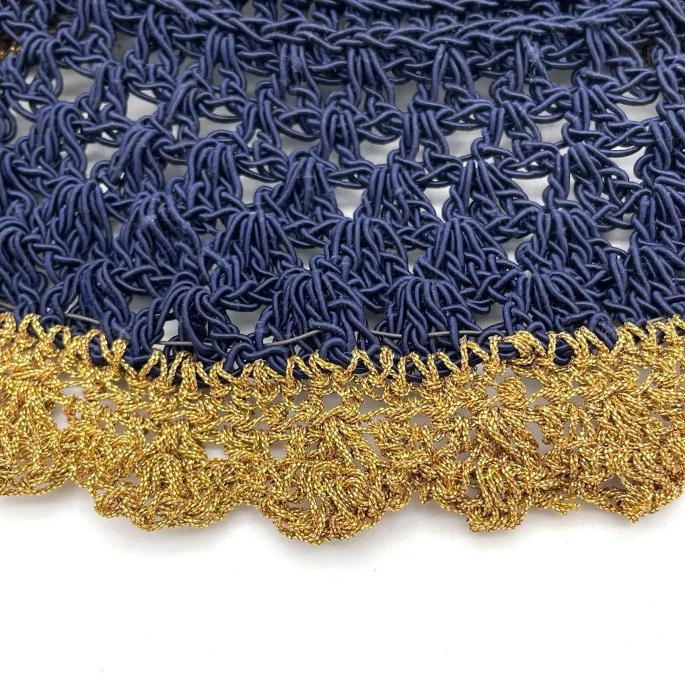 Vintage 1930s Navy Crochet Cloche Hat Gold Lace Trim Ribbon Bow Women’s One Size - Picture 13 of 14